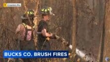 Firefighters fighting Bucks County brush fires.