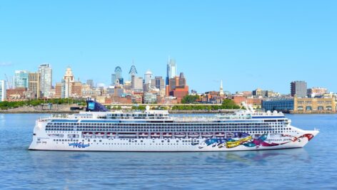 Norwegian Jewel Line ship on the Delaware River.