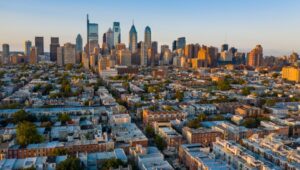 Aerial view of modern buildings against the sky In Philadelphia.