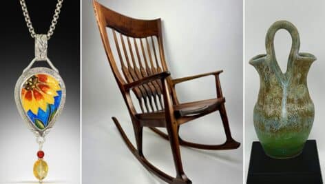 A pendent drop jewelry, walnut rocking chair with wenge accents, and wood turning sculpture.