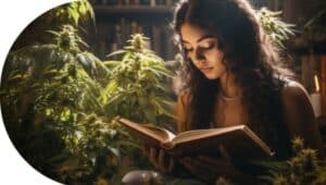 A woman reads a book with cannabis plants growing in the background.