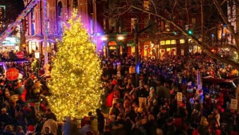 A crowd gathers around the lit Christmas tree in downtown Doylestown.