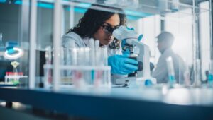 Woman working in biopharma lab