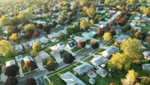 Aerial view of a suburban neighborhood.