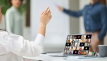 Woman participating in teleconference.