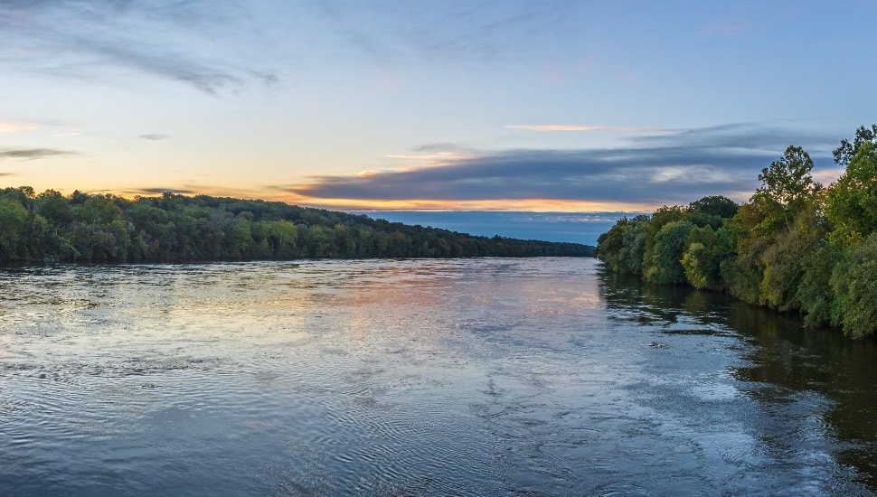 An early morning panoramic view of the Delaware River near Washington Crossing.