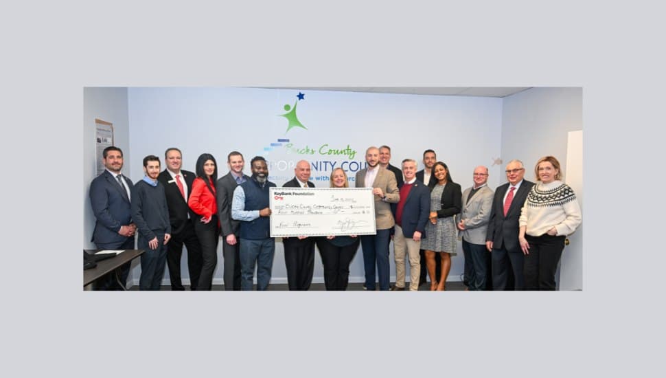 Pictured from left: Vince Ciccarelli, KeyBank Consumer Product Manager; Michael Gunden, Chief of Staff for State Representative Tim Brennan; Steve Goykhman, KeyBank Branch Manager, Warrington; Melissa Young, KeyBank Area Retail Leader; Jon Wagner, KeyBank Business Banking Sales Leader; Chiwuike Owunwanne, KeyBank Corporate Responsibility Officer; Joseph Cuozzo, BCOC Development Director; Erin Lukoss, BCOC CEO and Executive Director; Youseff Tannous, KeyBank Market President and Market Retail Leader; Tobi Bruhn, BCOC Board Chair; Commissioner Bob Harvie; Kyle Melander from Congressman Brian Fitzpatrick’s office; Jennifer Cruz, KeyBank Branch Manager, Doylestown; Tom Flavin, KeyBank Home Lending Market Leader; Charlie Quattrone, BCOC Board Member; and Deb Downey, BCOC Board Member.