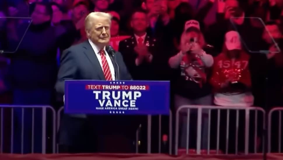 Donald Trump speaks on stage at a rally.