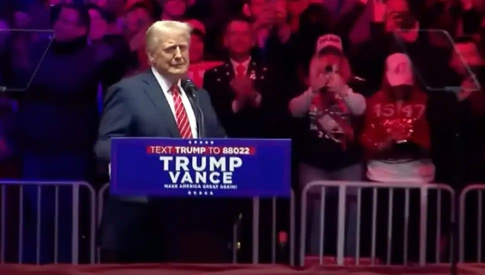 Donald Trump speaks on stage at a rally.