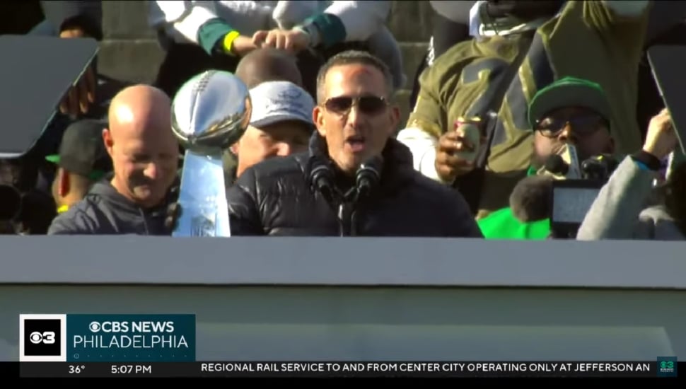 Howie Roseman speaking during Eagles Super Bowl parade.