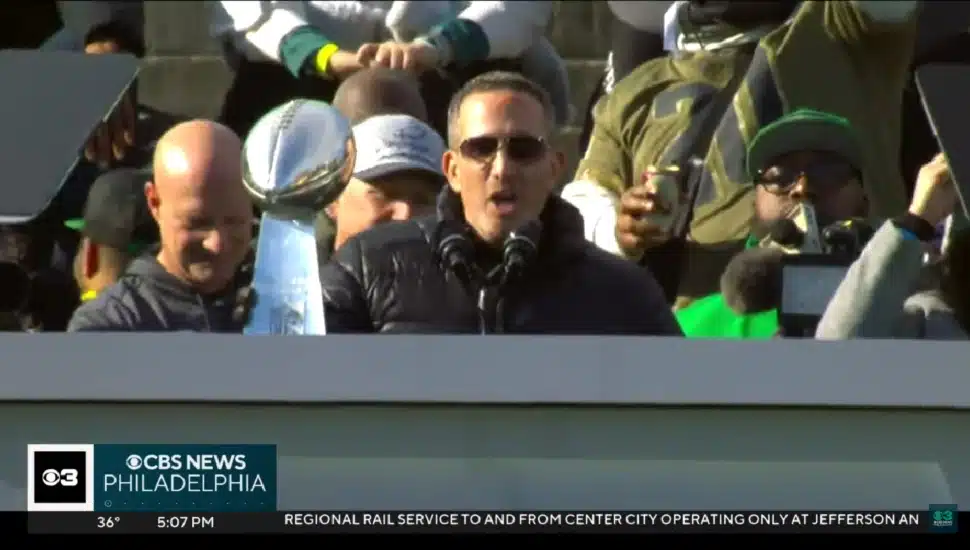 Howie Roseman speaking during Eagles Super Bowl parade.