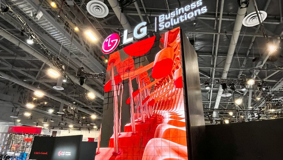 A kinetic LED video wall on display at a trade show.