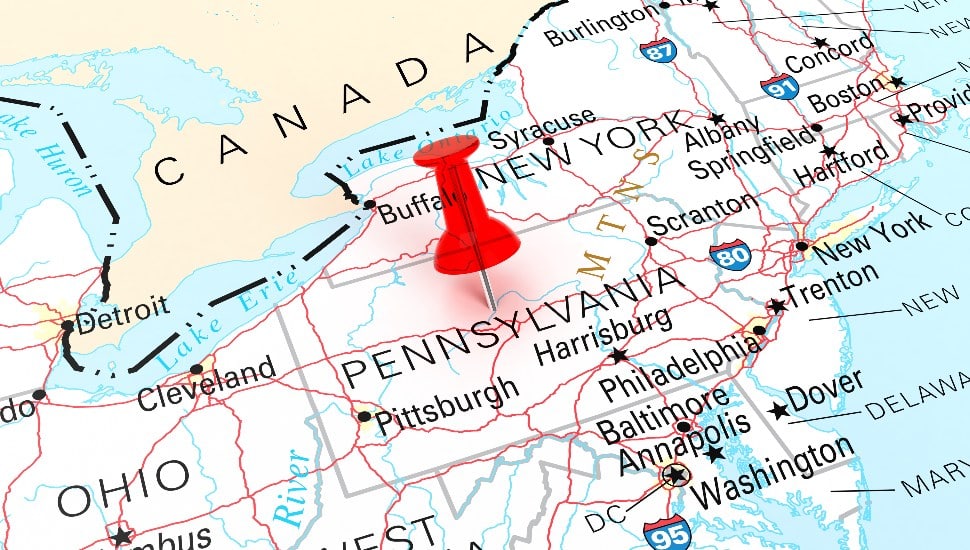 Red Thumbtack Over Pennsylvania Map