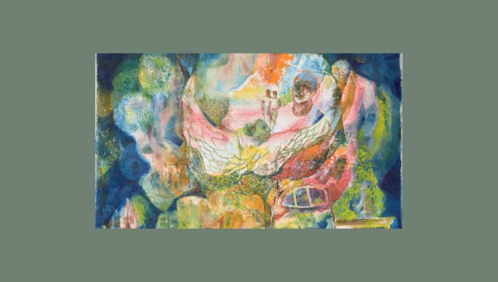 A vibrant, abstract painting featuring a central figure with wings, surrounded by swirling colors, trees, and human faces. The composition blends warm and cool tones, evoking a dreamlike, symbolic representation of movement and transformation.