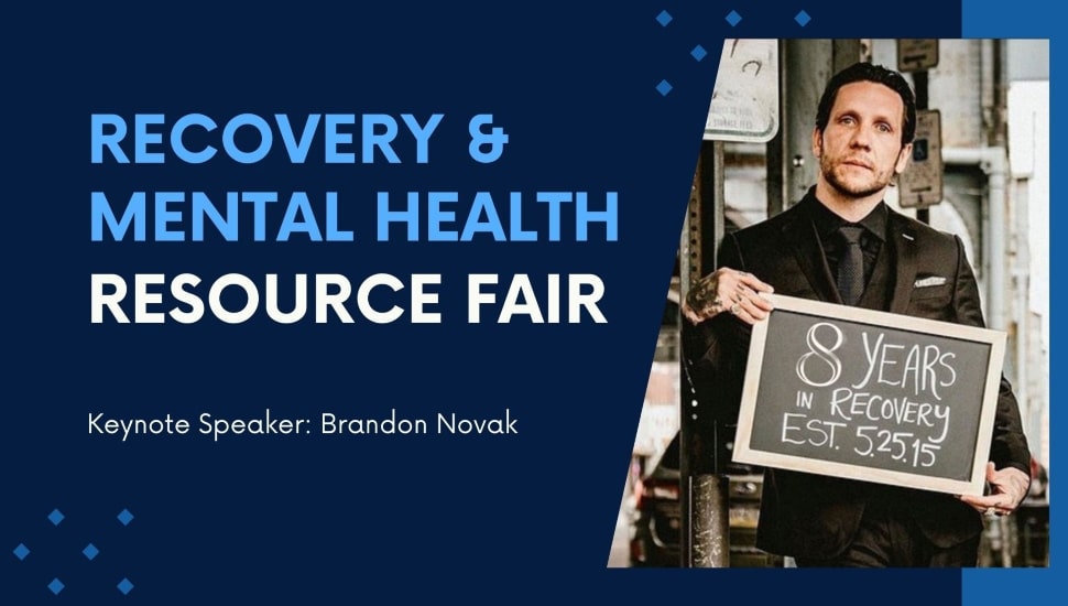 Recovery & Mental Health Resource Fair graphic with pro skateboarder, Brandon Novak.