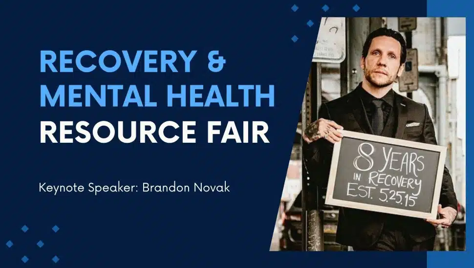 Recovery & Mental Health Resource Fair graphic with pro skateboarder, Brandon Novak.