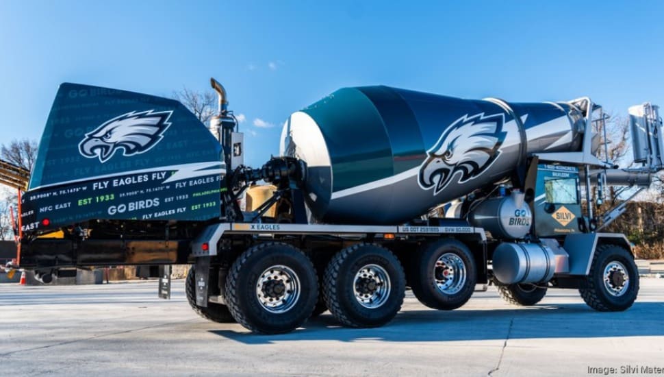 Silvi Materials cement trucks emblazoned with the Philadelphia Eagles colors and logo.