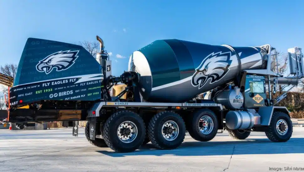 Silvi Materials cement trucks emblazoned with the Philadelphia Eagles colors and logo.