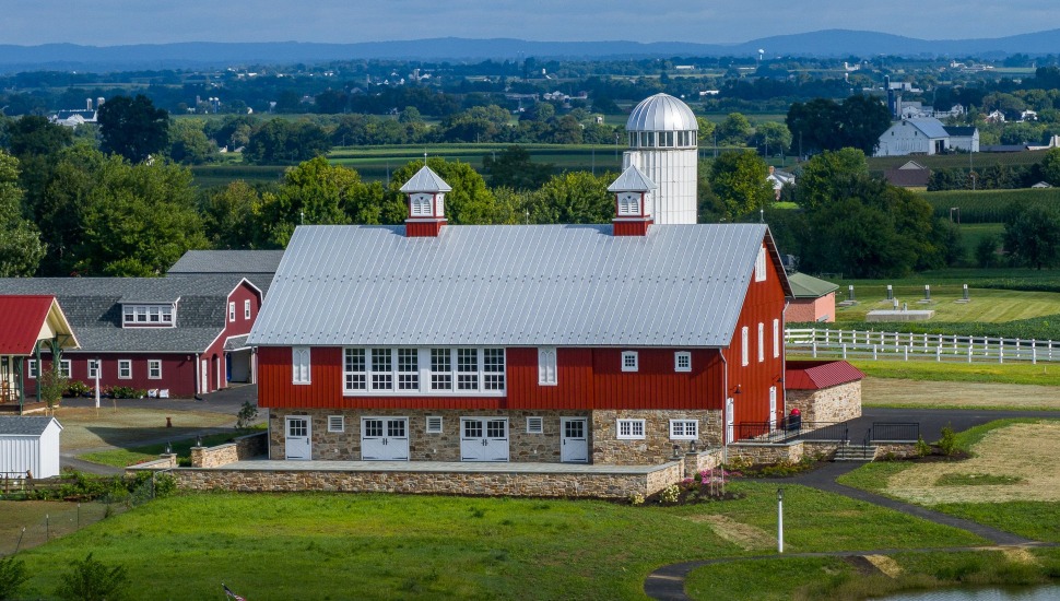 The Barn at Paradise Station from above with an expansive view of the property and farm.