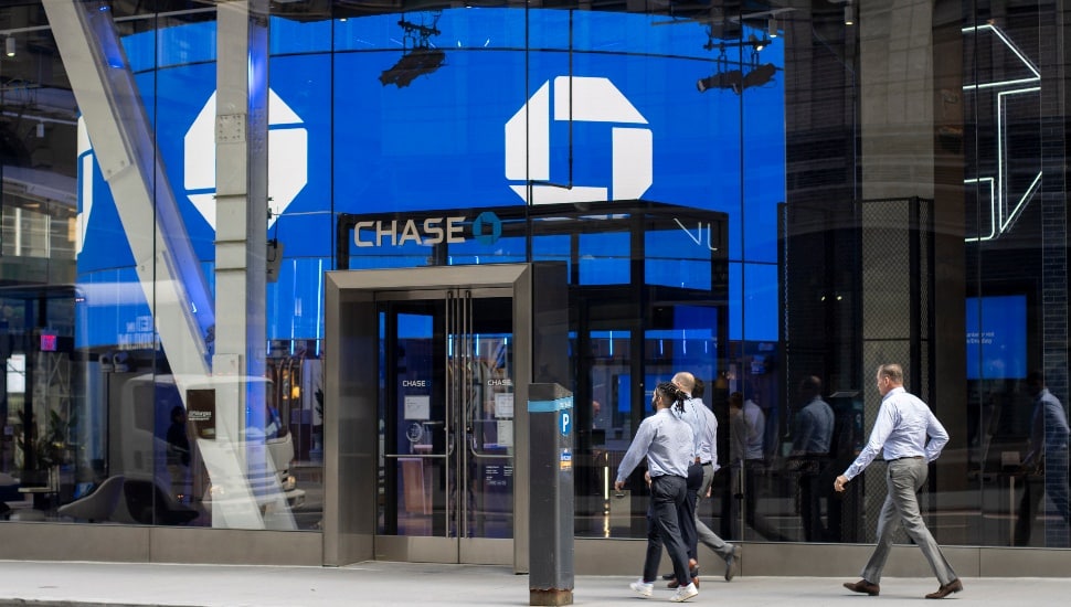People walk past a Chase Bank branch in New York City.