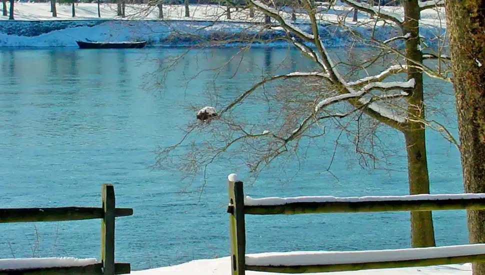 A look at the Delaware Rive from the land on a snowy, winter day.