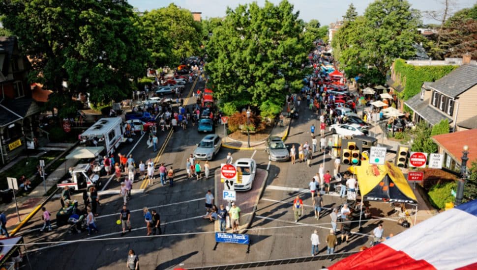 Aerial view of Doylestown at Dusk Car Show.