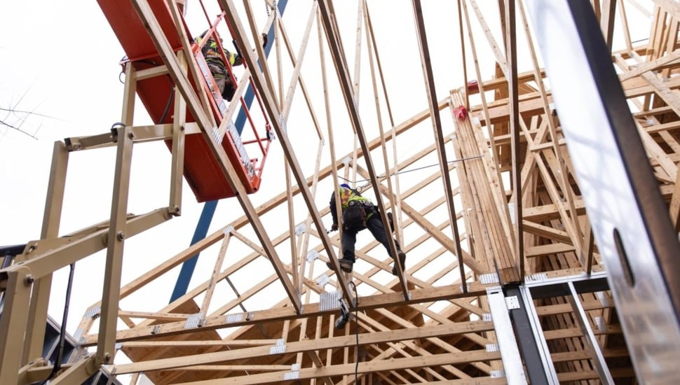 Topping out construction project on college campus.