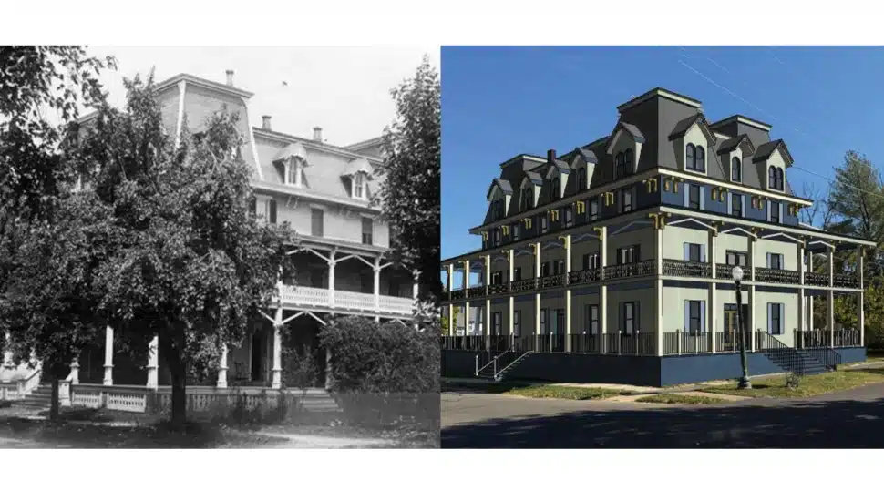 Old and new photos of renovated hotel.