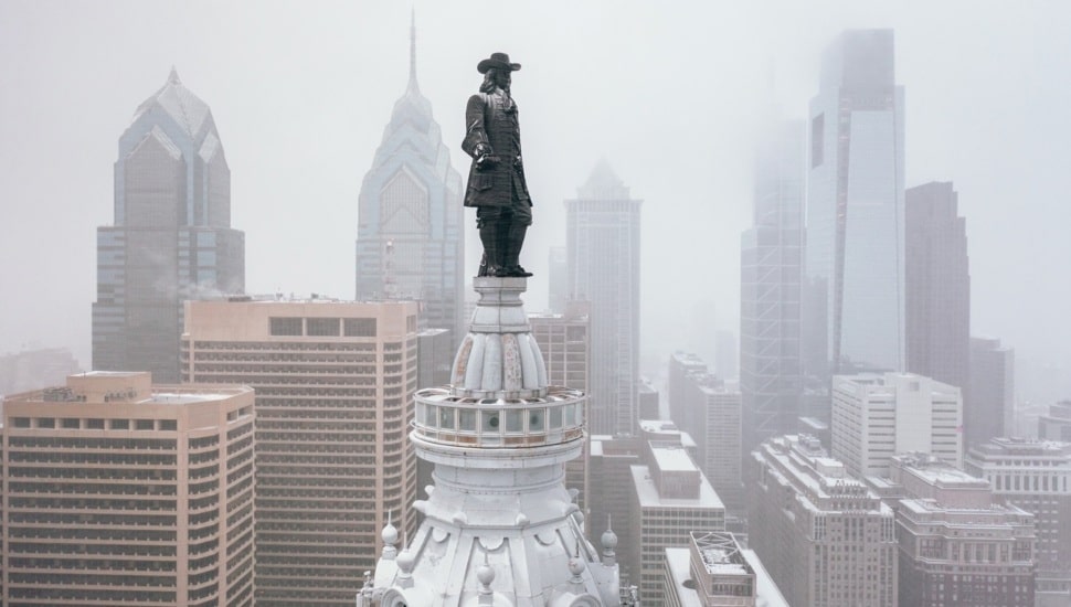 Aerial view of William Penn statue in Center City Philadelphia in winter.
