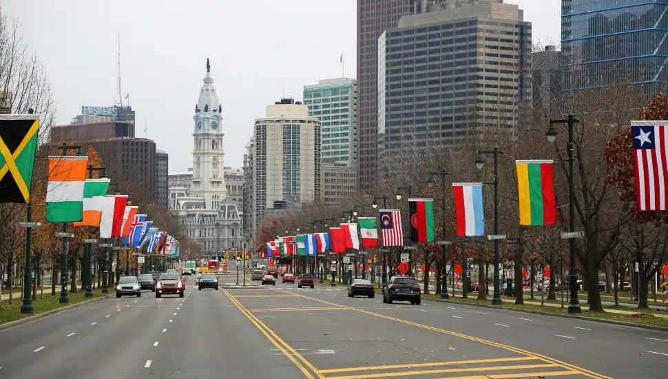 Collection of multicultural flags on Ben Franklin Parkway.