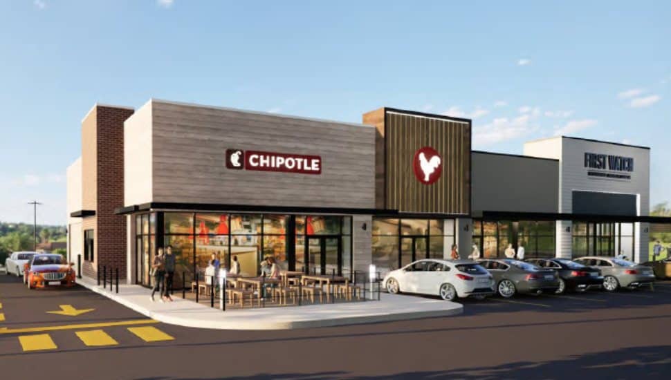 A rendering of the future Chipotle and First Watch at the new Barn Plaza site.