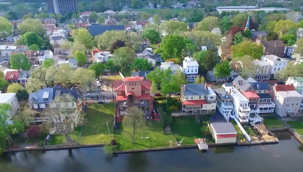 Aerial view of Bristol homes along the water.