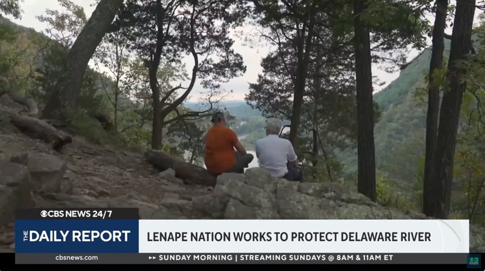 Chief Adam Waterbear DePaul overlooks the Delaware with a reporter.
