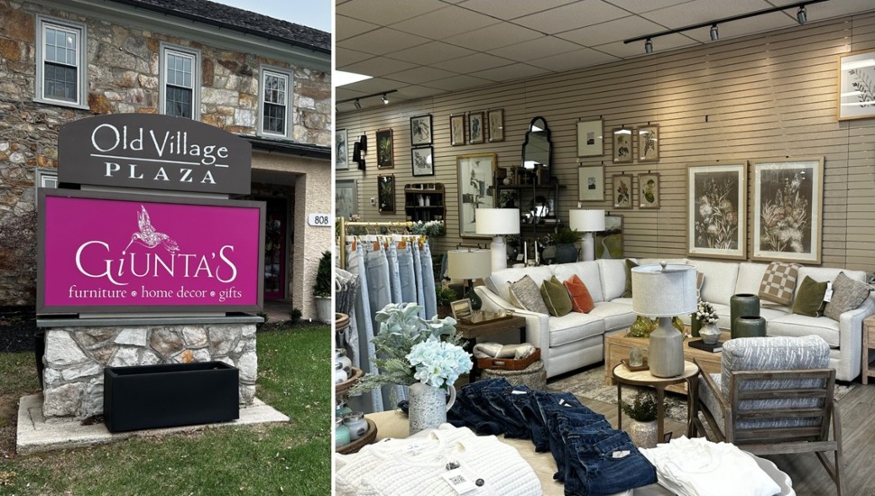 Exterior and interior view of furniture store.