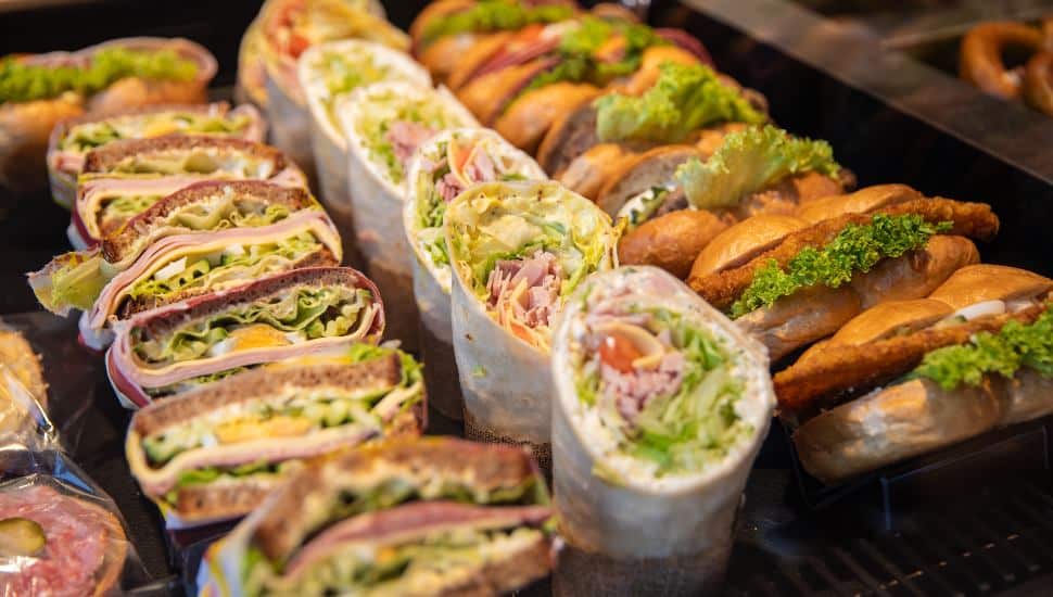 A platter of hoagies and sandwiches.