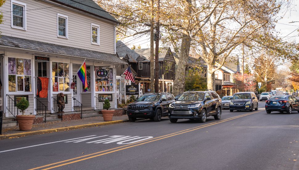 Fall Street scene from New Hope PA in Bucks County with colorful Autumn leaves.