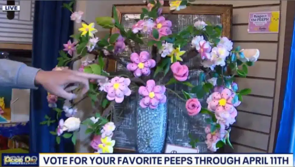 A bouquet of flowers made entirely of marshmellow Peeps.