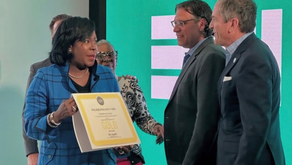 Mayor Cherelle Parker presenting LEED Gold for Neighborhood Development certification to Philadelphia Navy Yard representatives.