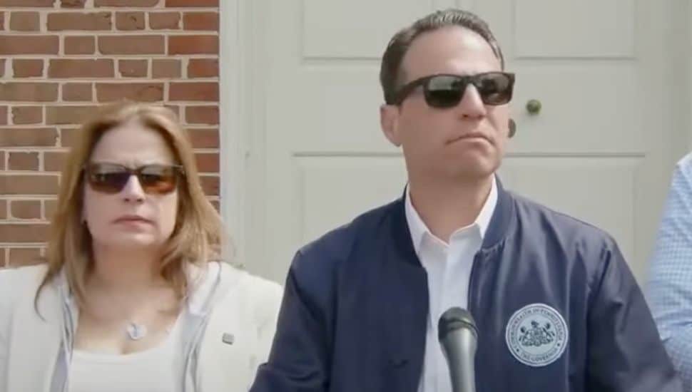 Josh Shapiro addresses the media with his wife, Lori.