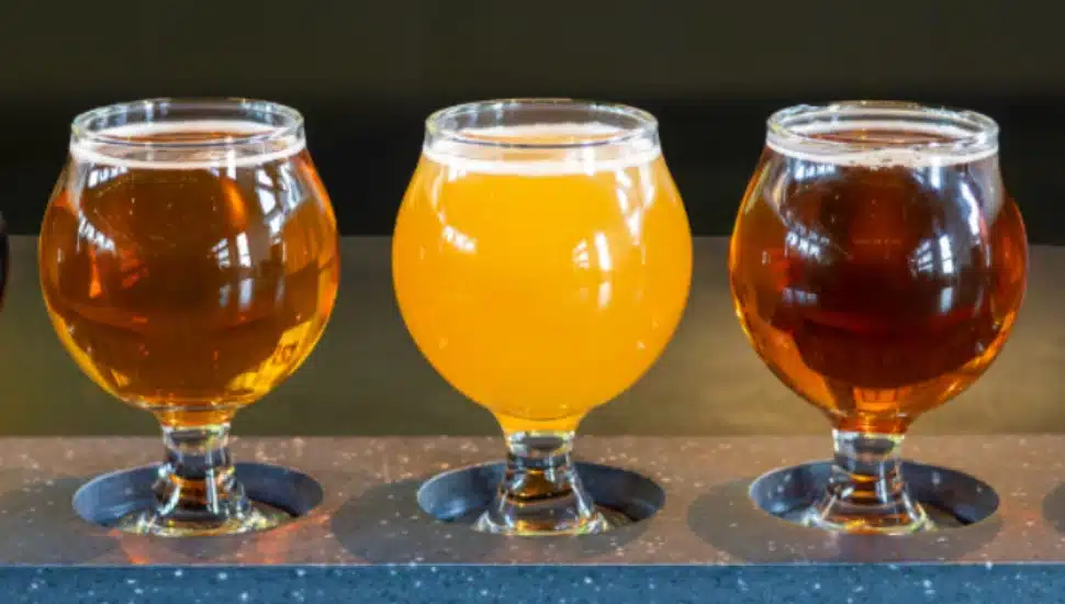 Three glasses of different craft beers.