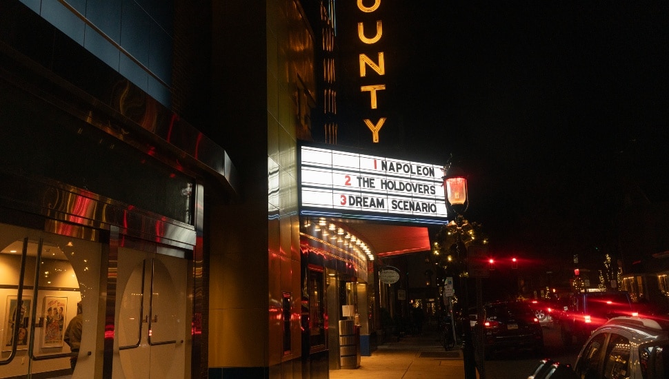 County theater marquee at night in Doylestown.