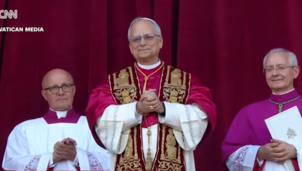 Pope Leo XIV, formerly Robert Francis Prevost, a Villanova graduate addresses the crowd at the Vatican.