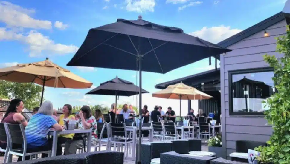 A rooftop view of the Rams Pint House & Rooftop Lounge in Perkasie.