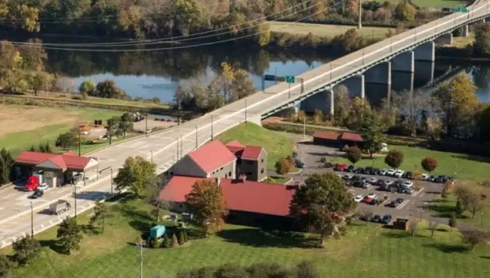 An aerial view of The New Hope-Lambertville Bridge.