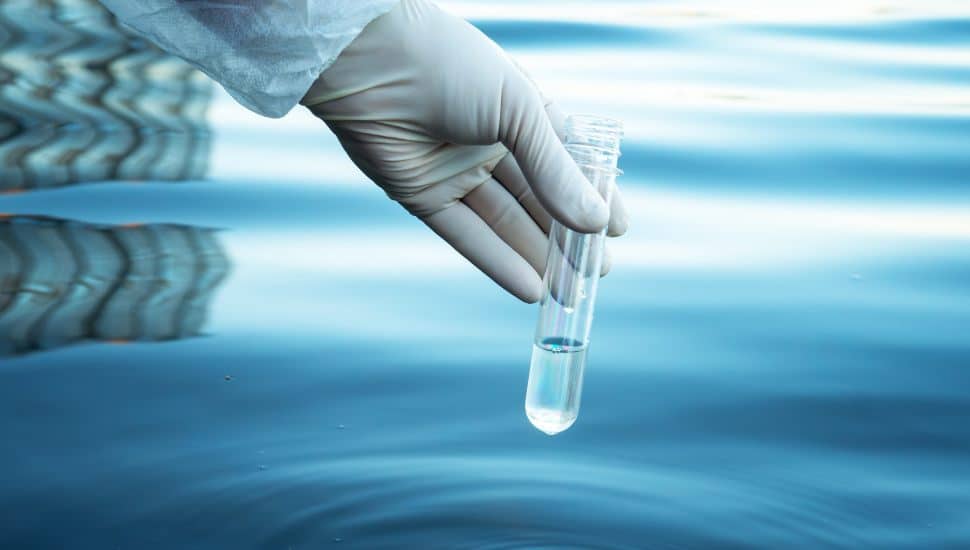 Scientists with protective suit holding a test tube with sample water in their hands.