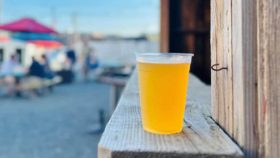 A cold beer sitting on a ledge at The Alley on High Street.