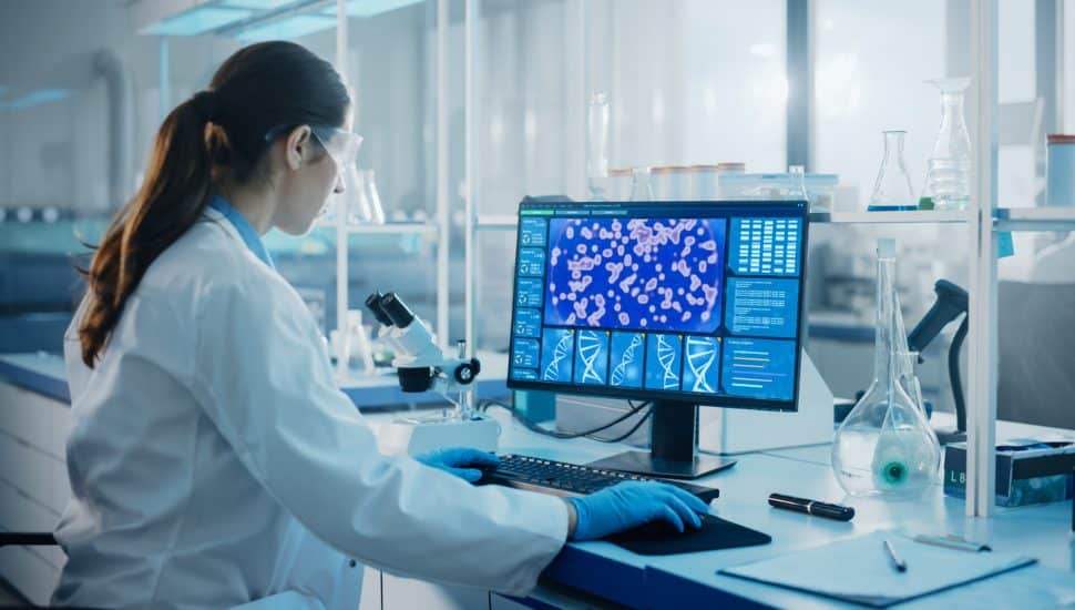 Woman in lab coat and mask sitting at a desk with a computer in a Biotech Lab.