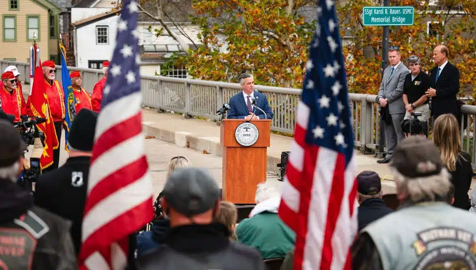 People gathered at a Vietnam veteran bridge dedication in Bucks County.