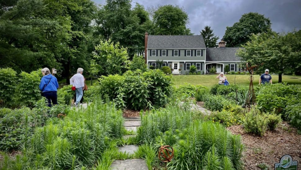 Exterior of house in Bucks County with bushes and greenery out front.