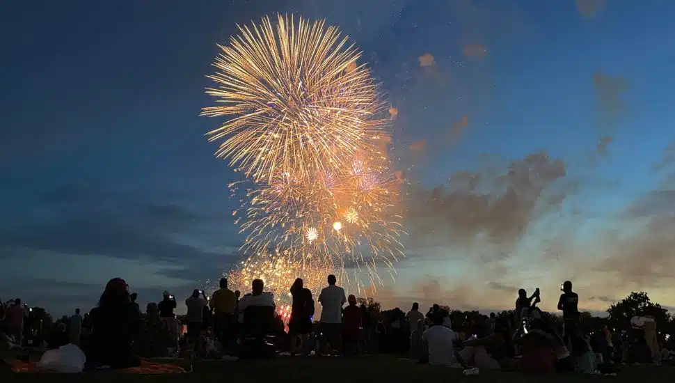 Large crowd of people watching Fourth of July celebrations late at night.